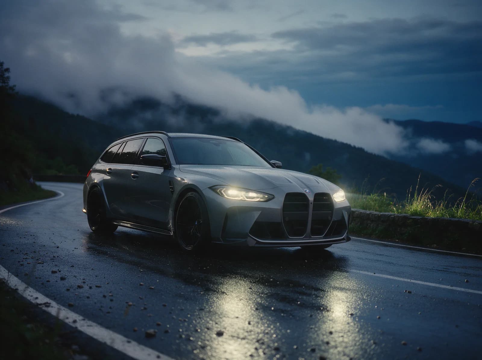 A grey BMW M4 Touring wagon on a mountain road with a ridge line behind