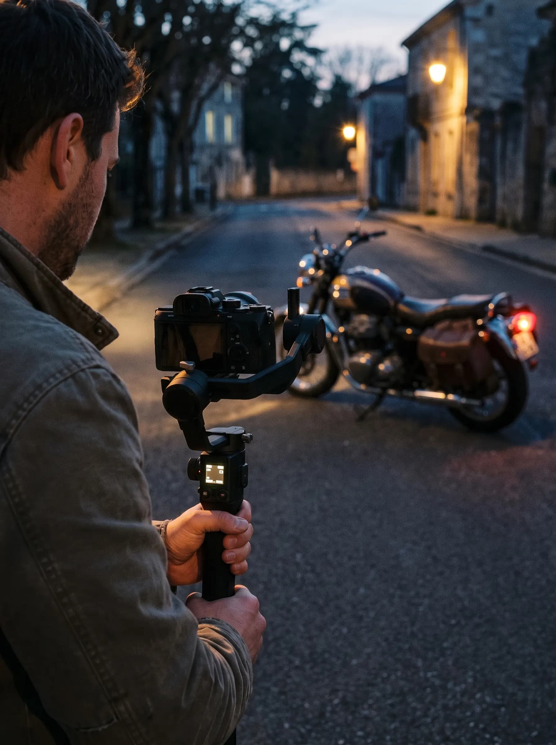 Operator filming a motorcycle with a mirrorless camera on a handheld gimbal in warm daylight
