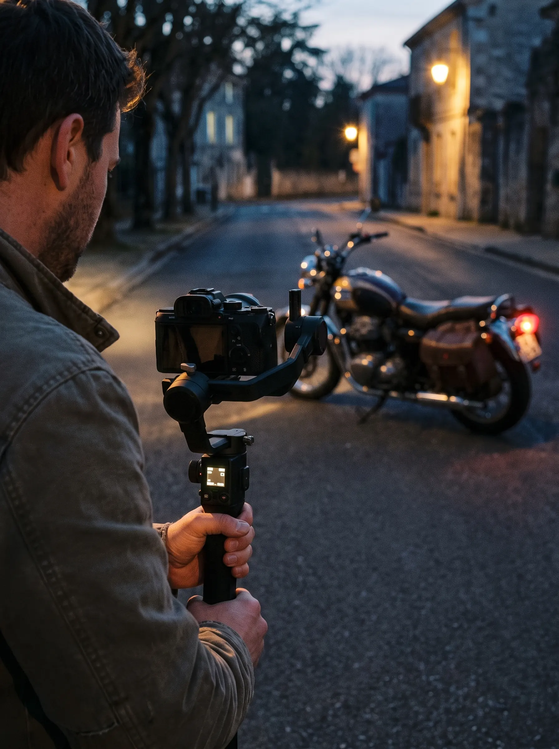 Operator filming a motorcycle with a mirrorless camera on a handheld gimbal in warm daylight
