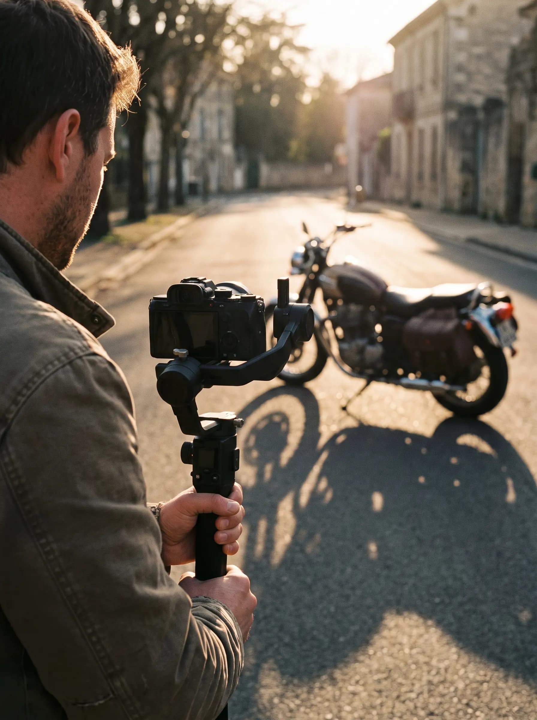 Operator filming a motorcycle with a mirrorless camera on a handheld gimbal in warm daylight