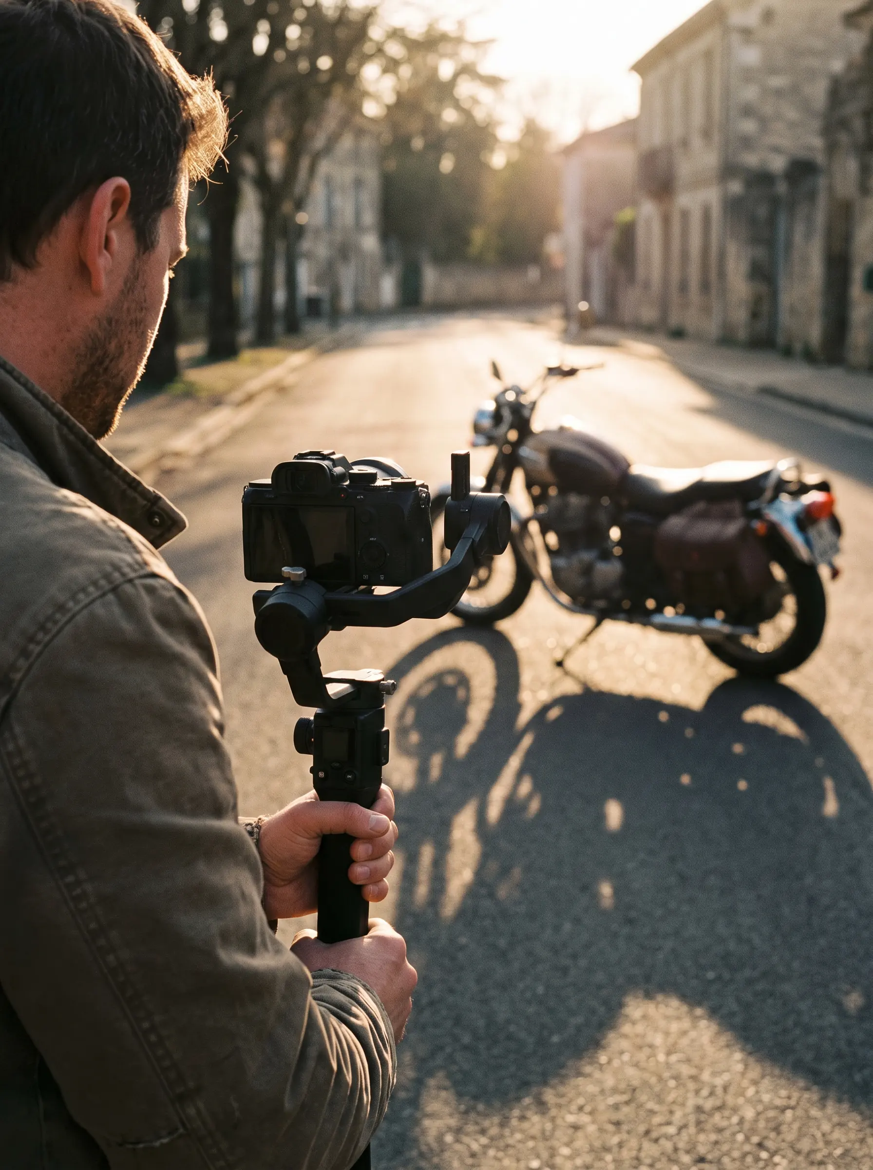 Operator filming a motorcycle with a mirrorless camera on a handheld gimbal in warm daylight
