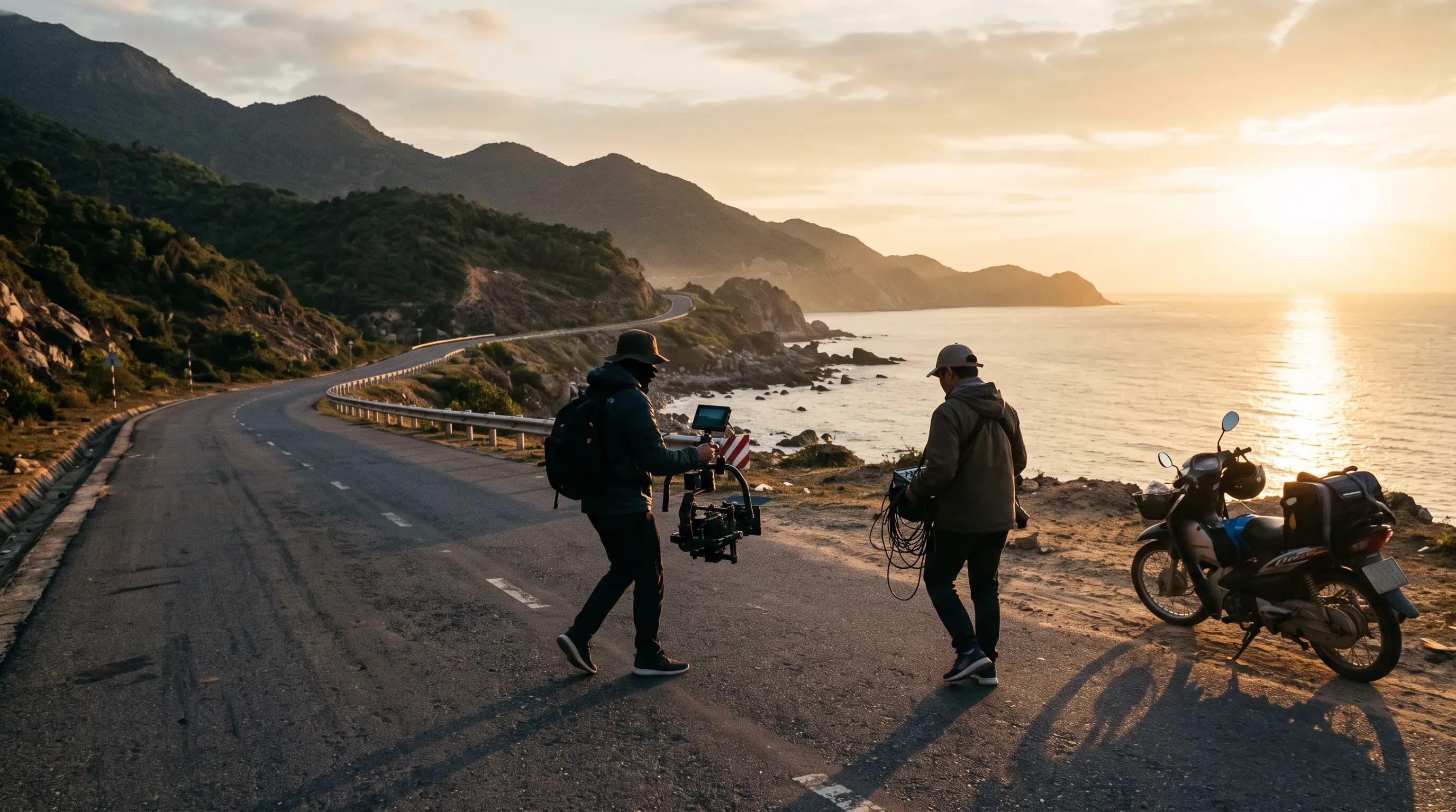 Two person film crew with a gimbal rig on an empty coastal road at sunrise