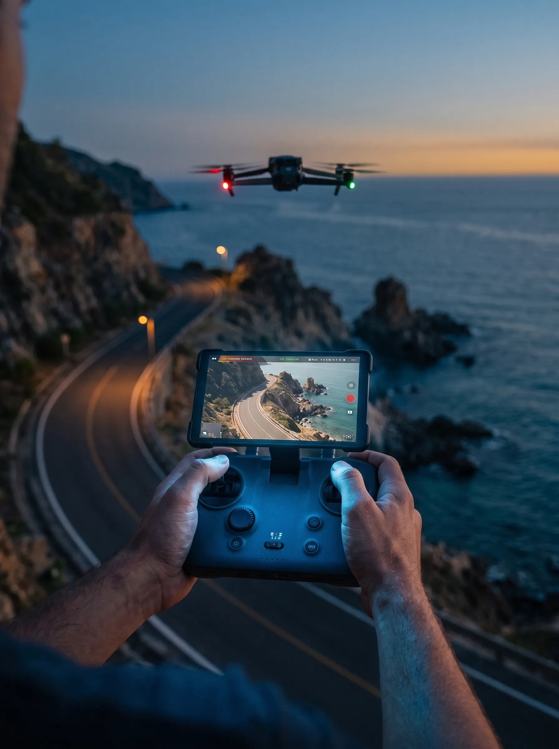 Pilot holding a folding drone controller with a live view on its screen above a sunlit coastal road