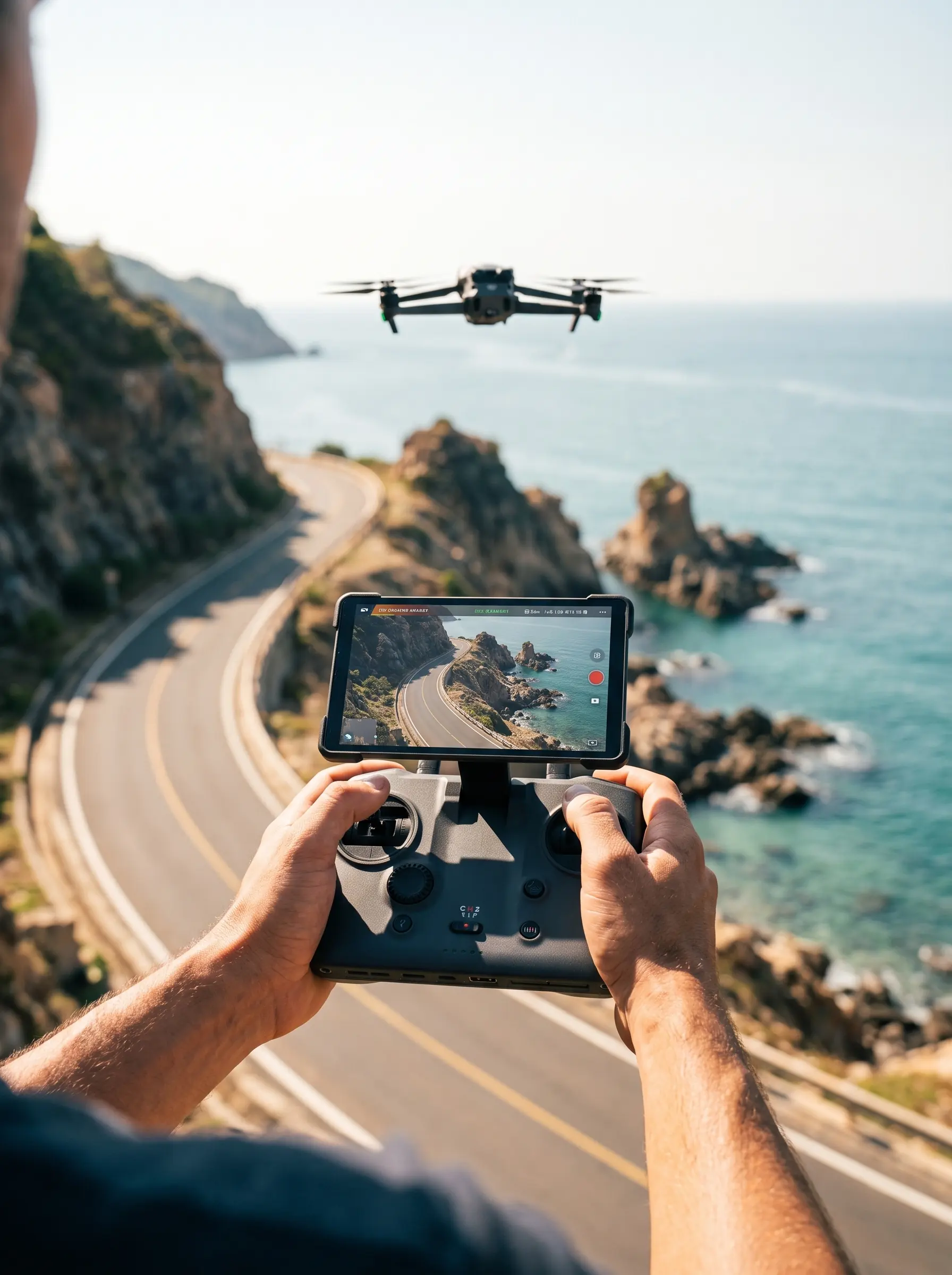 Pilot holding a folding drone controller with a live view on its screen above a sunlit coastal road