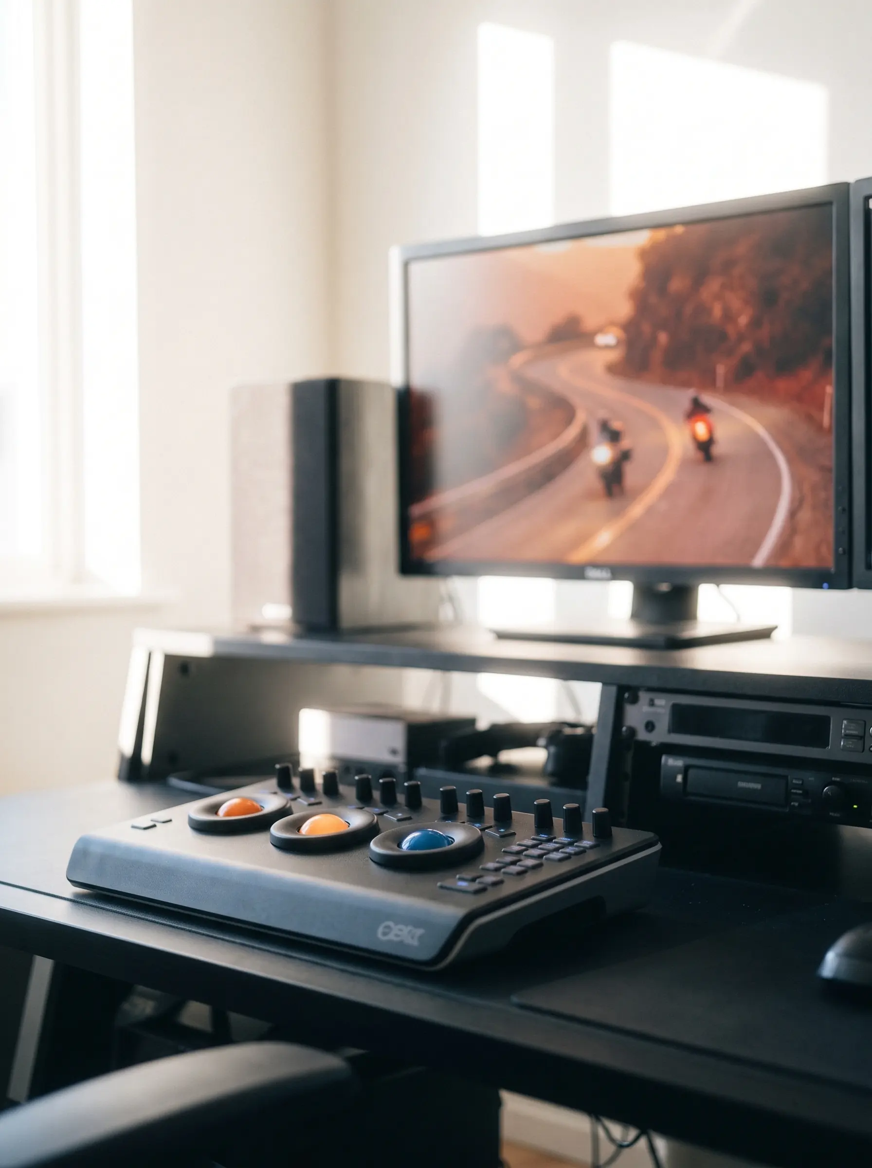 Colour grading desk in a daylit room, control panel and a motorcycle shot on the monitor