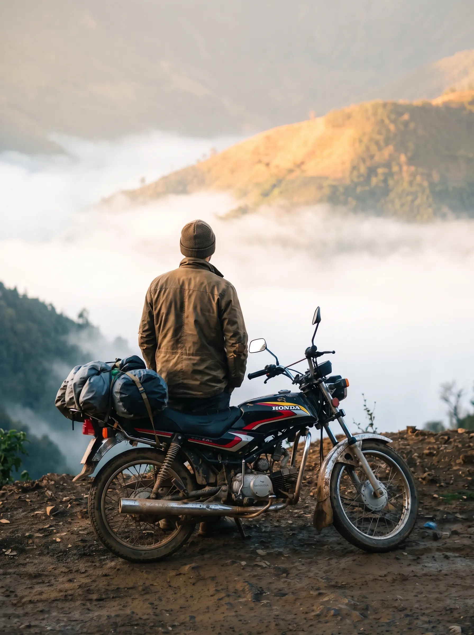 Rider standing beside a loaded motorcycle above a valley filled with bright morning mist