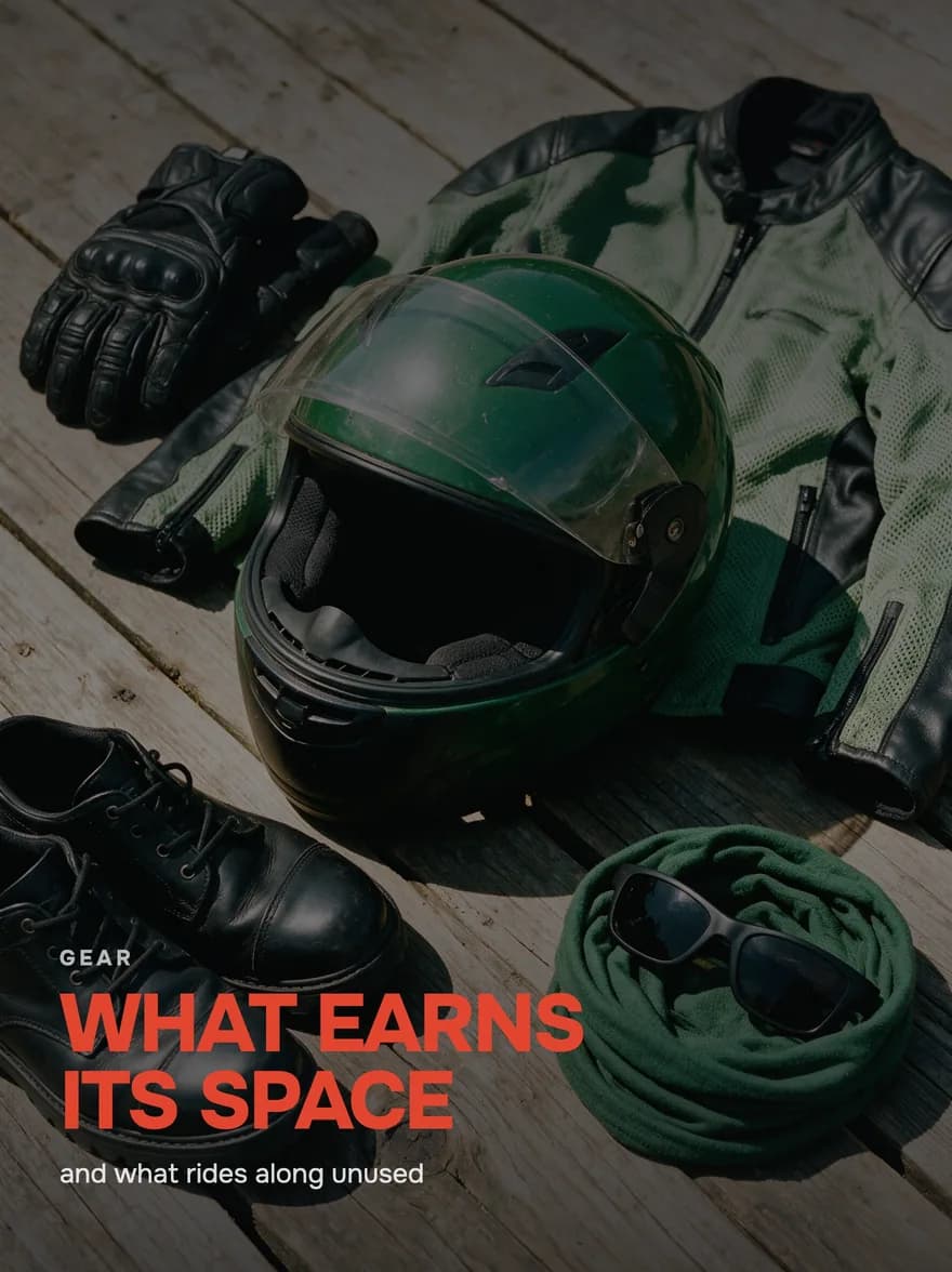 Helmet, gloves, jacket and boots laid out on wooden decking, a headline below