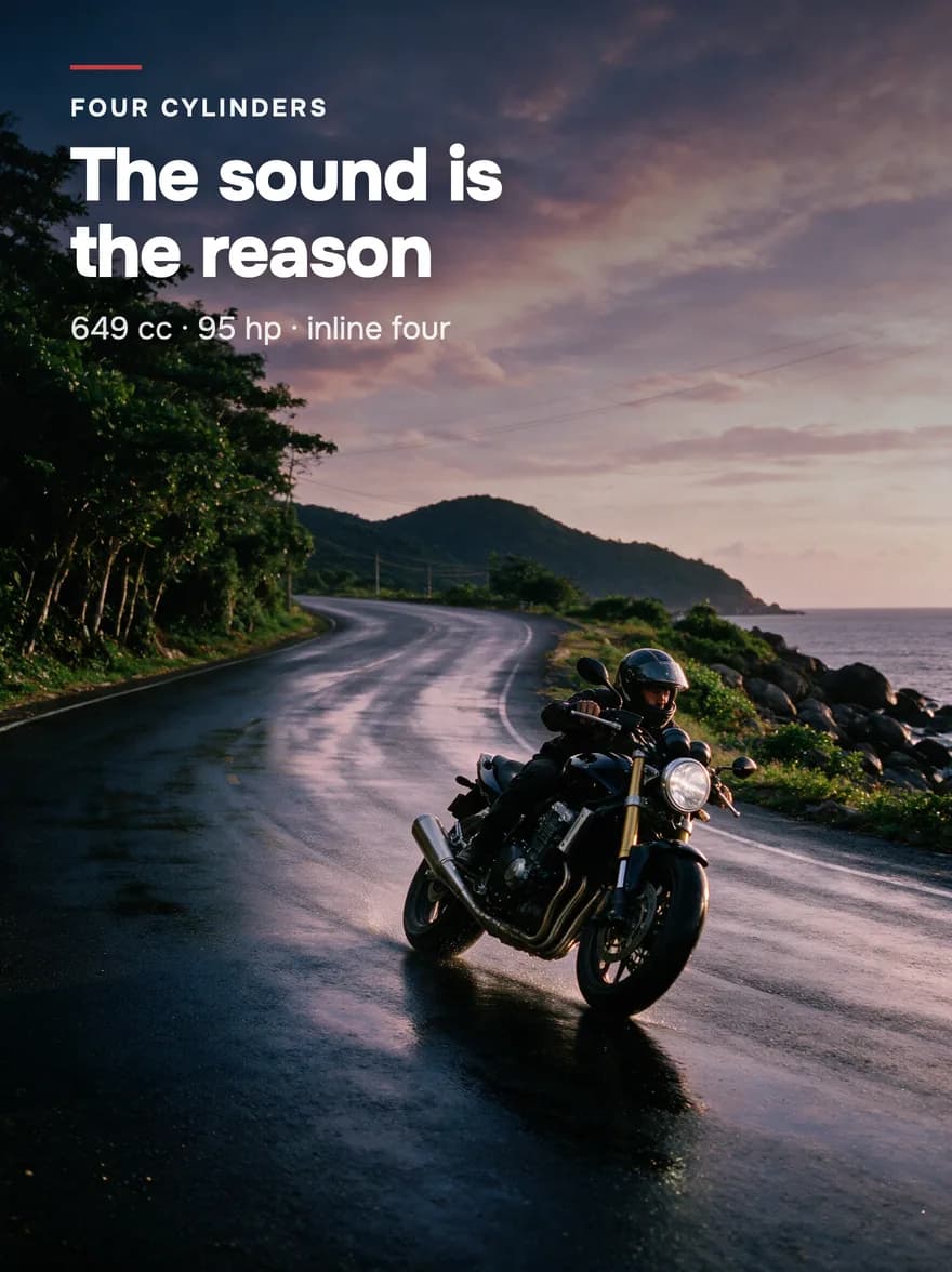 A rider on a naked bike along a wet coastal road at dusk, a headline above