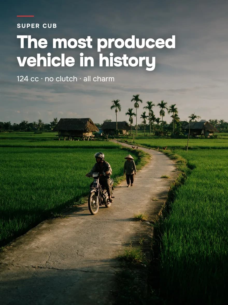 A step-through riding a path between rice fields, a headline above
