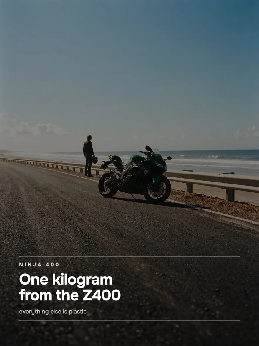 A sport bike on an empty seaside road with a person standing beside it, a headline below