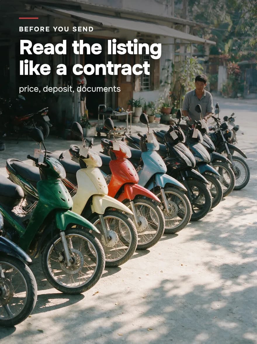 A row of rental scooters on a sunlit street, a headline above