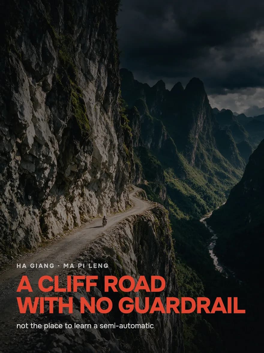 A cliff road above a gorge with no guardrail, a headline below