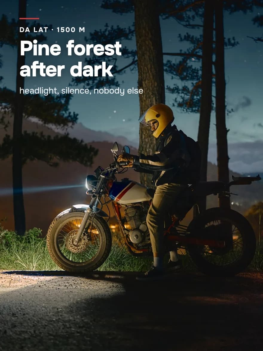 A rider with the headlight on in a pine forest after dark, a headline above