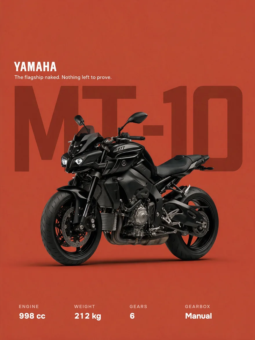 A poster on a red field: large MT-10 lettering with the motorcycle centred