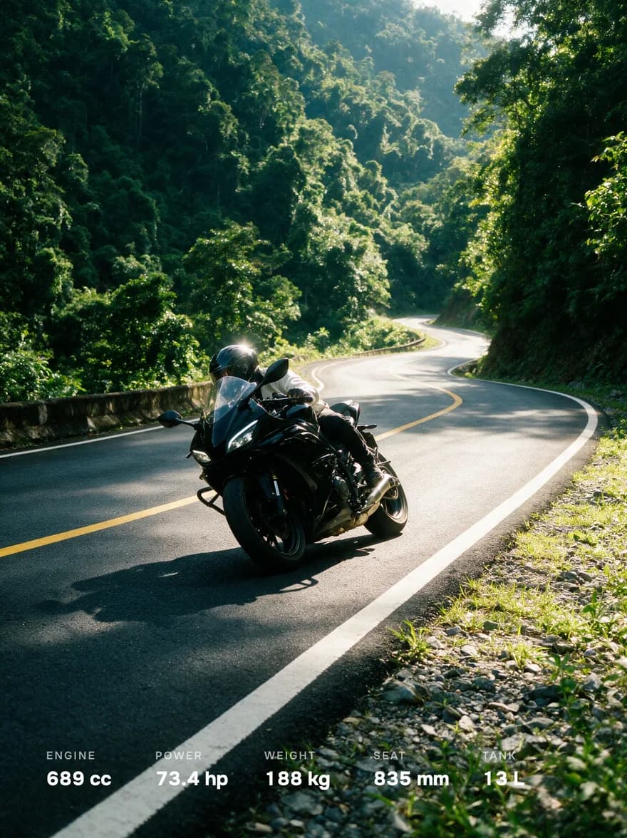 A sport bike leaning through a jungle mountain bend, a spec strip along the bottom