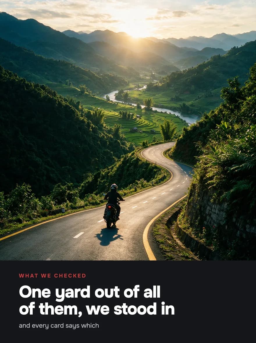 A road above a green valley at sunrise with a rider in the bend, a headline below