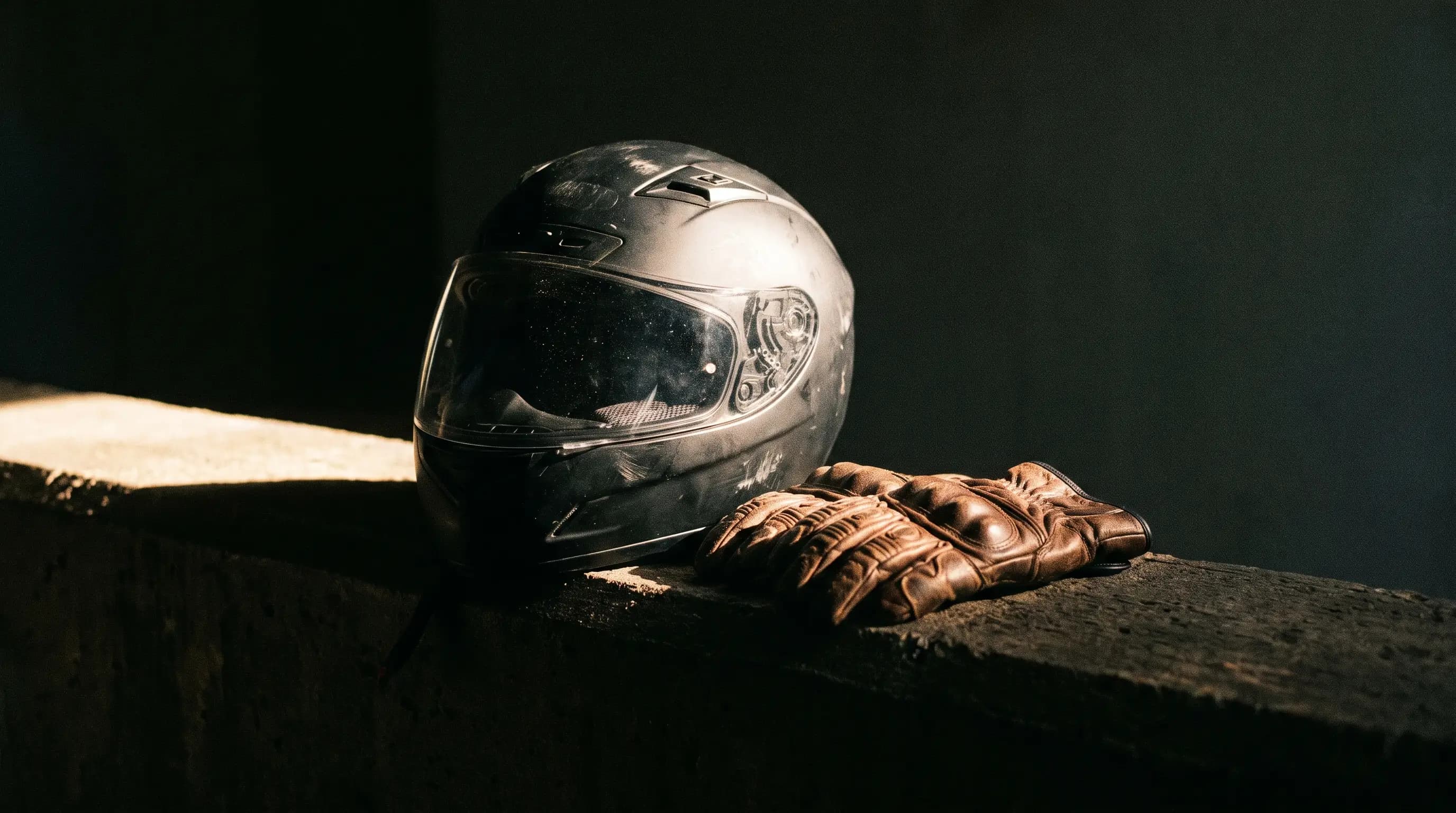 Full face helmet and leather gloves on dark concrete under a warm key light