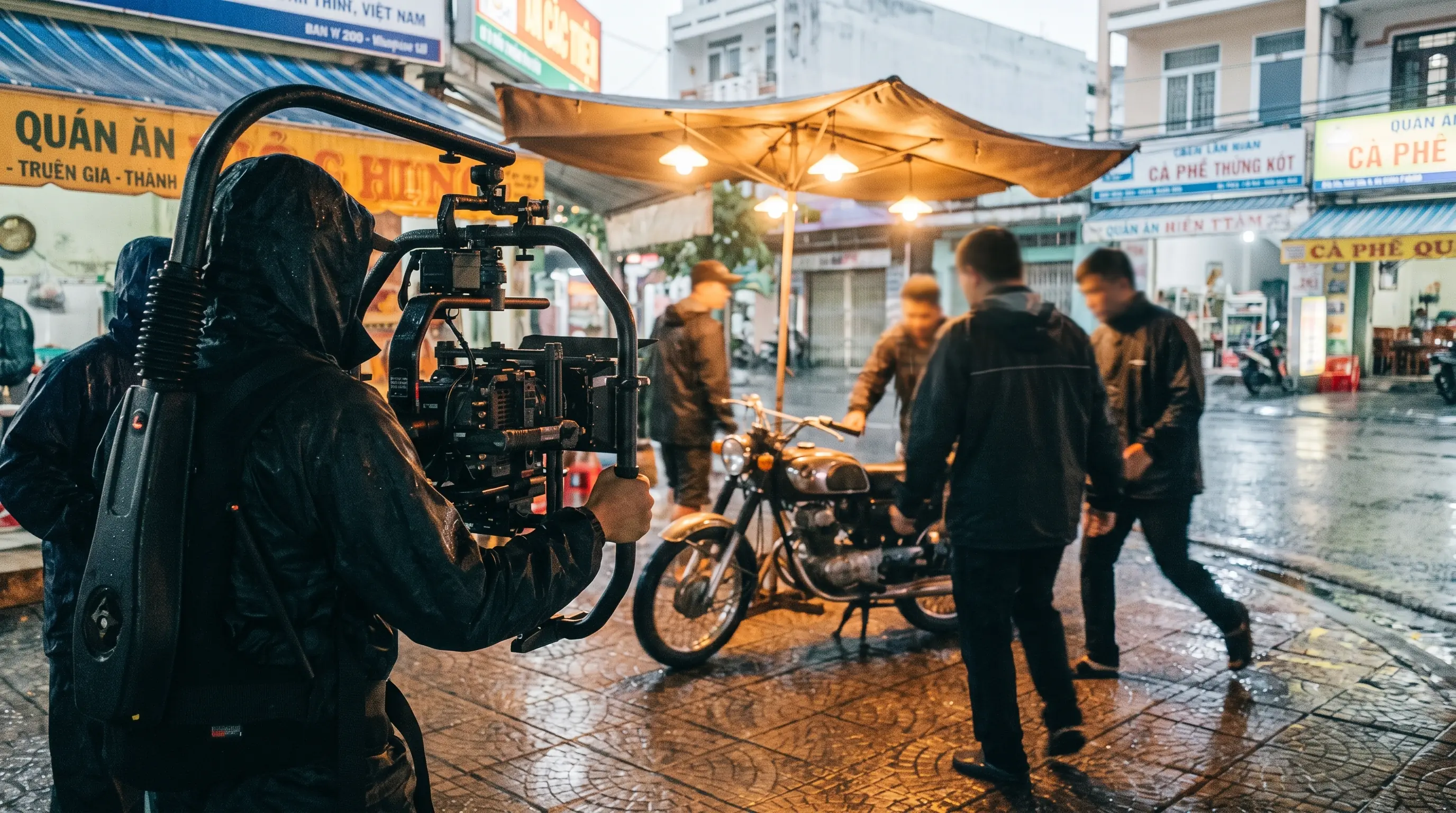 Film crew with a gimbal rig shooting a motorcycle on a wet street in daylight
