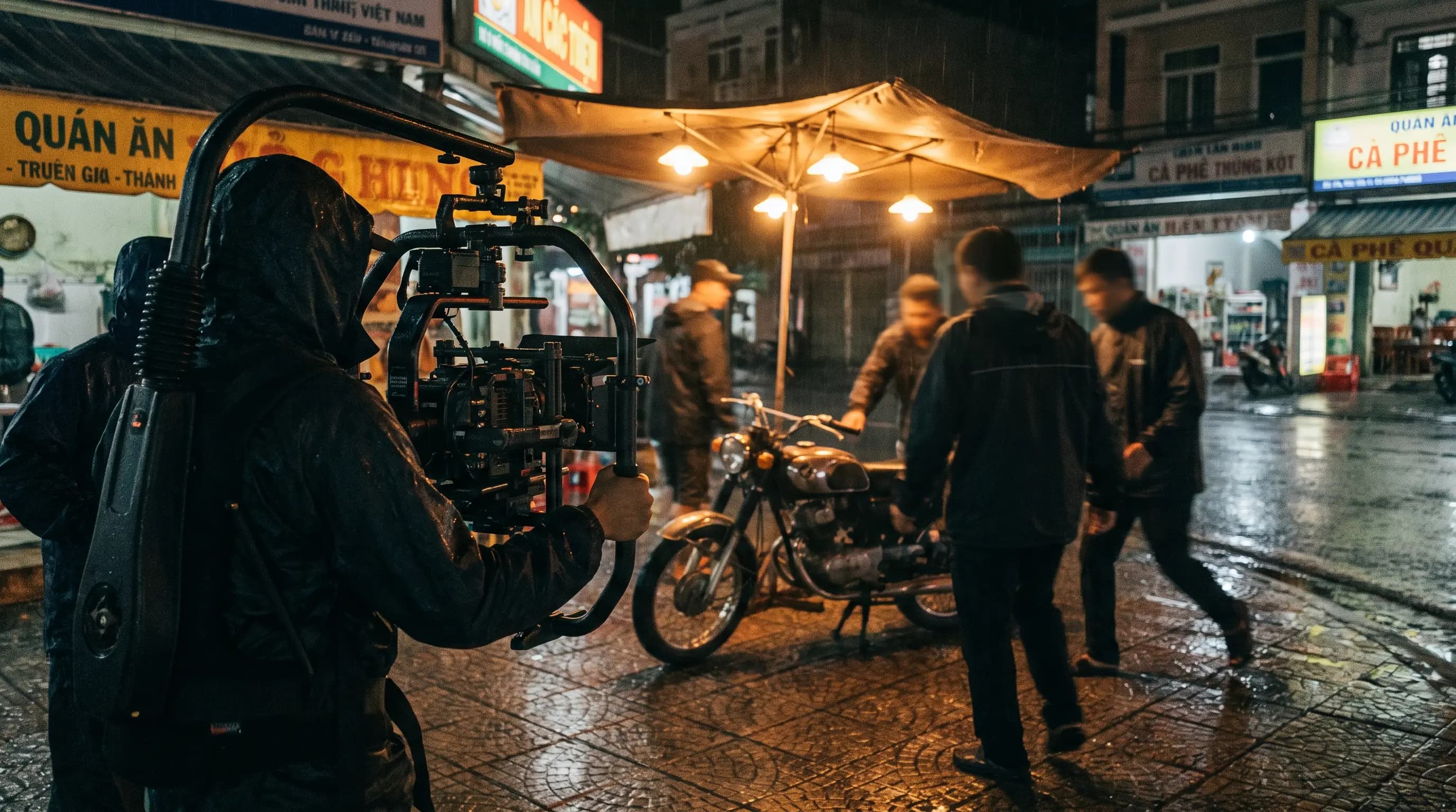 Film crew with a gimbal rig shooting a motorcycle on a wet street in daylight