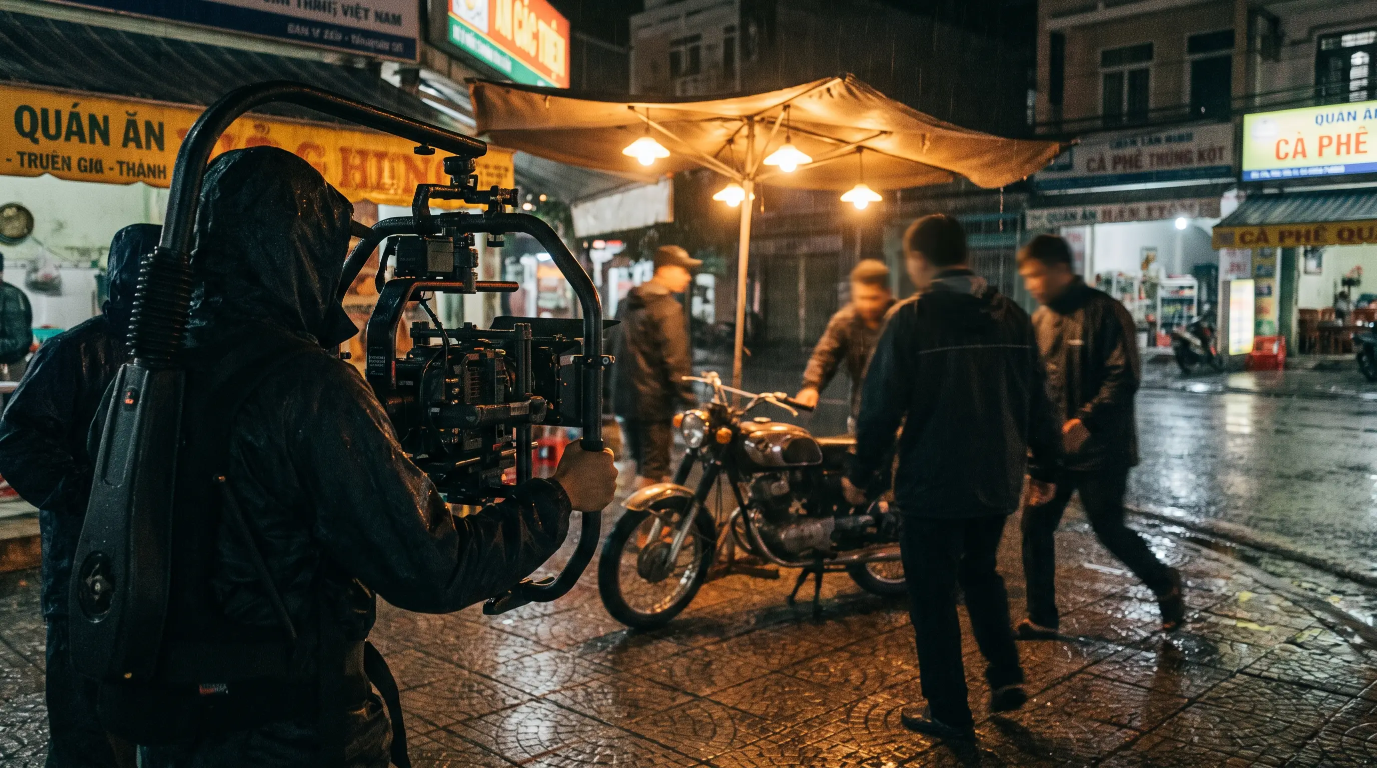 Film crew with a gimbal rig shooting a motorcycle on a wet street in daylight